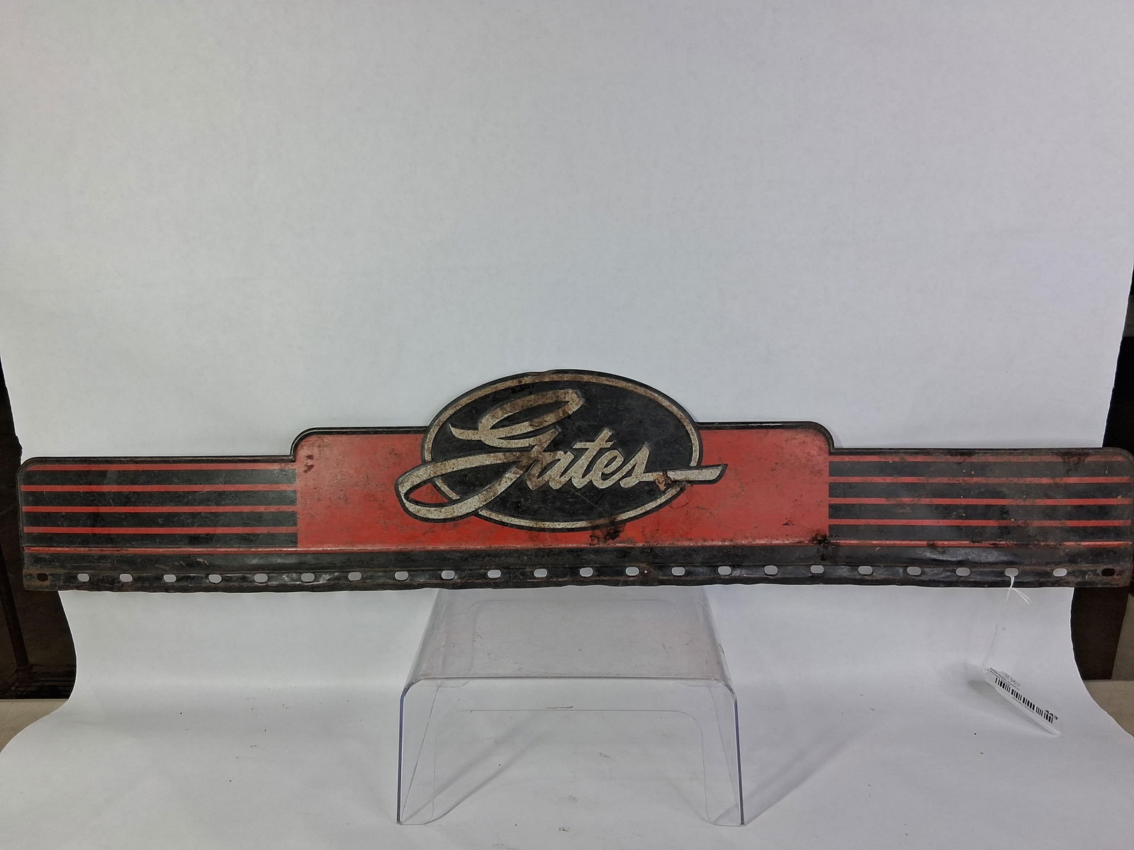Gates CO Rubber Co Rack Sign: No hanging brackets are included. Several minor dents and surface spots, 36x7