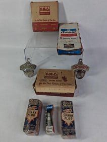 NOS Auto Parts Inc. FoMoCo, Mopar, Blue Crown, Spark Plugs, as well as 2 Pepsi Cola Bottle Openers