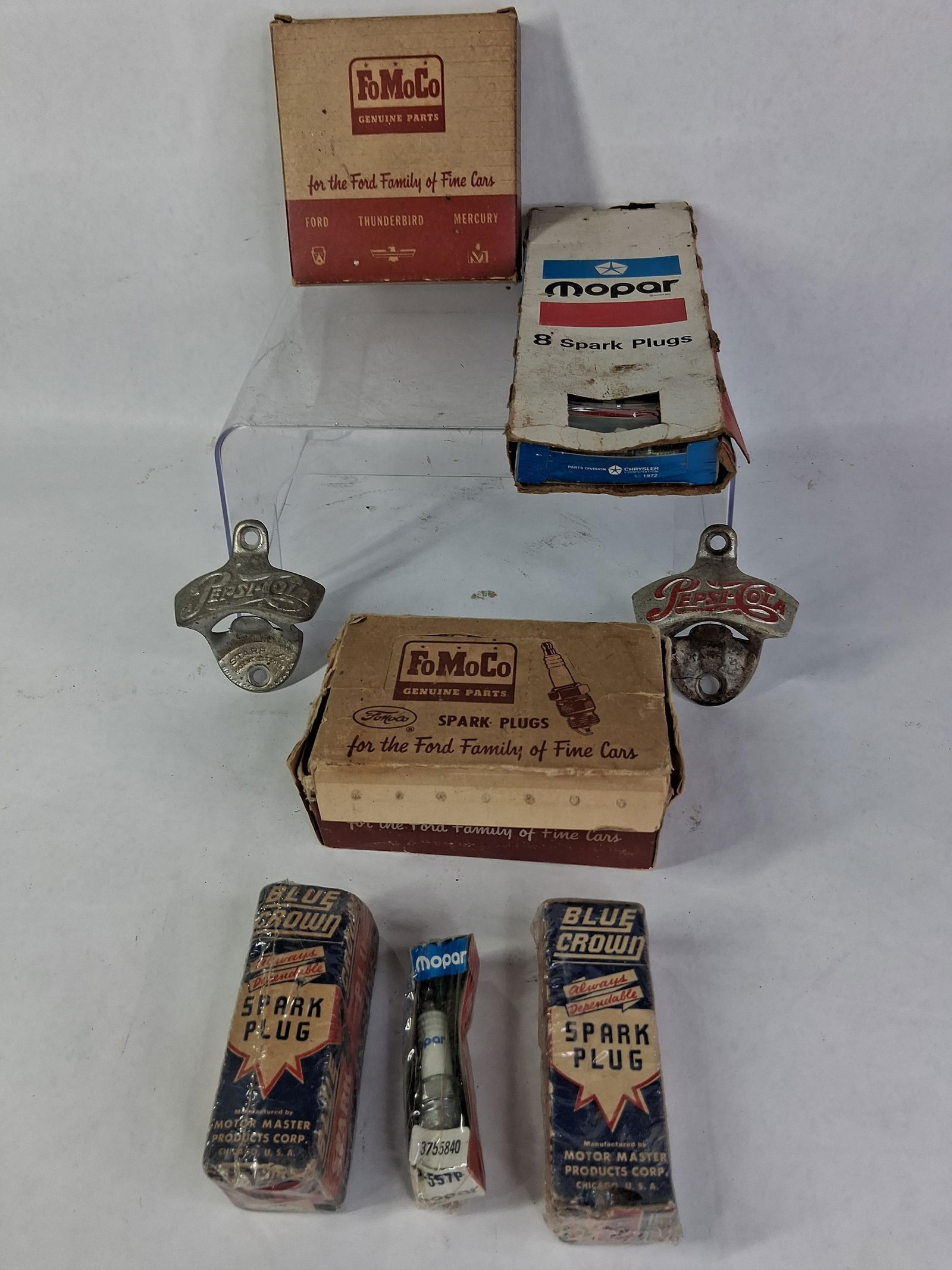 NOS Auto Parts Inc. FoMoCo, Mopar, Blue Crown, Spark Plugs, as well as 2 Pepsi Cola Bottle Openers: Great collectible lot as shown in photos? ?