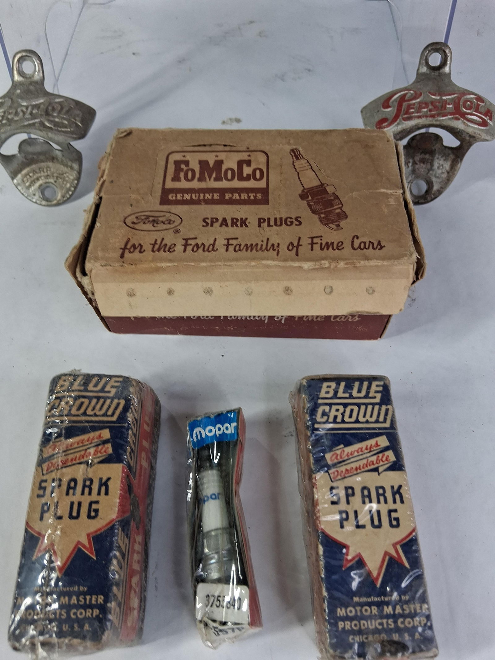 NOS Auto Parts Inc. FoMoCo, Mopar, Blue Crown, Spark Plugs, as well as 2 Pepsi Cola Bottle Openers - 2