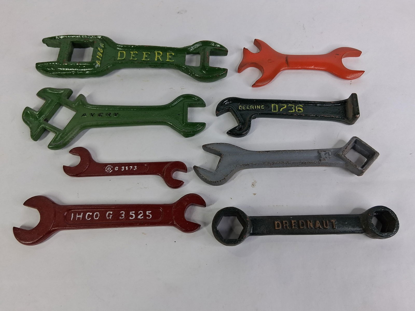 Deere, IHCO, Drednaut, Deering, Avery, IH and More Open and Closed End Painted Wrenches: This lot includes 8 various sized and name wrenches 
