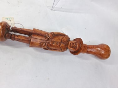Antique Fruitwood Hand Carved Folk Art Top Hat Man w/ Coat Handled Walking Stick
