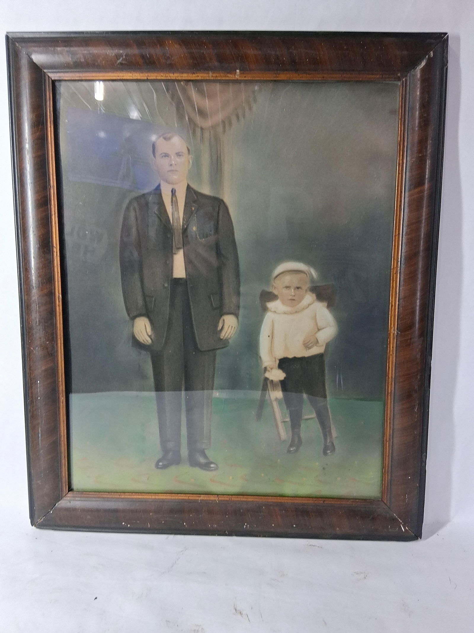 Father & Son Chalk Drawing: Artist unknown, great color with walnut frame. 24x19.5