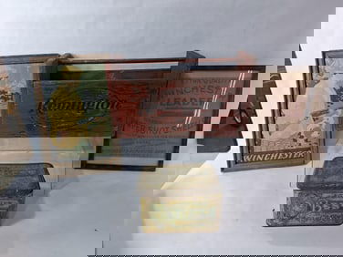 Great Advertising Lot Inc. Remington Painted Wood Carrier, J. G. Dills Tin, Framed Winchester Advert