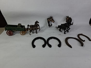 Cast Iron Horse Wagon, Wall Hooks, and Equestrian Decor