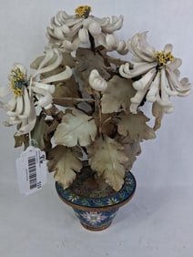 Chinese Jade and Hardstone Bonsai Tree in Cloisonne Enamel Pot