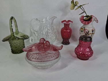 Viking, Fenton and More Glassware Inc. Cranberry, Emerald Lovebirds Covered Dish, Pitcher, Vases Etc