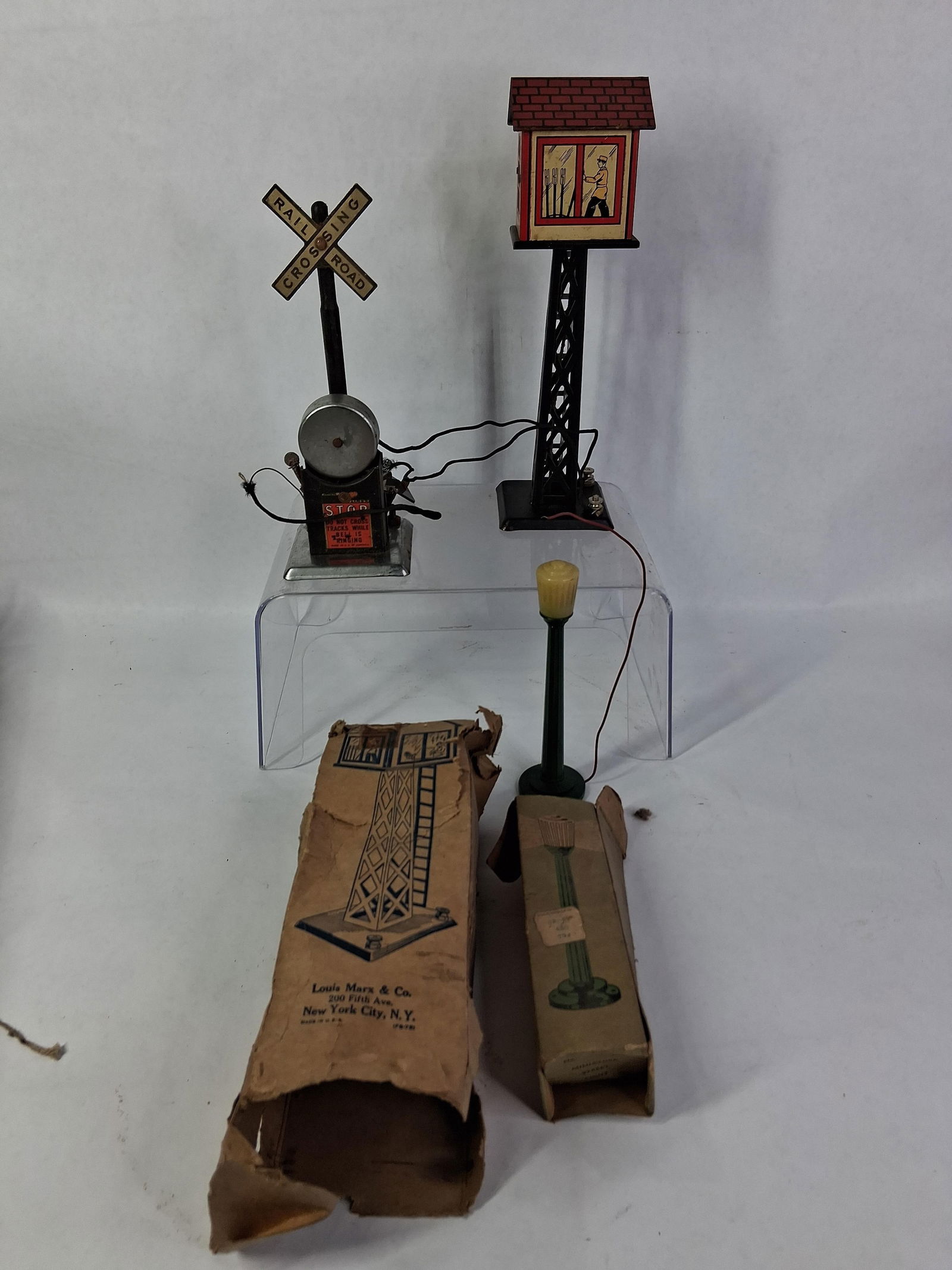 Mar Lines Marx RR Watch Tower, Crossing Bell and Lamp Post along w/ Tracking: Great early open box lot with all items appearing to be complete ?