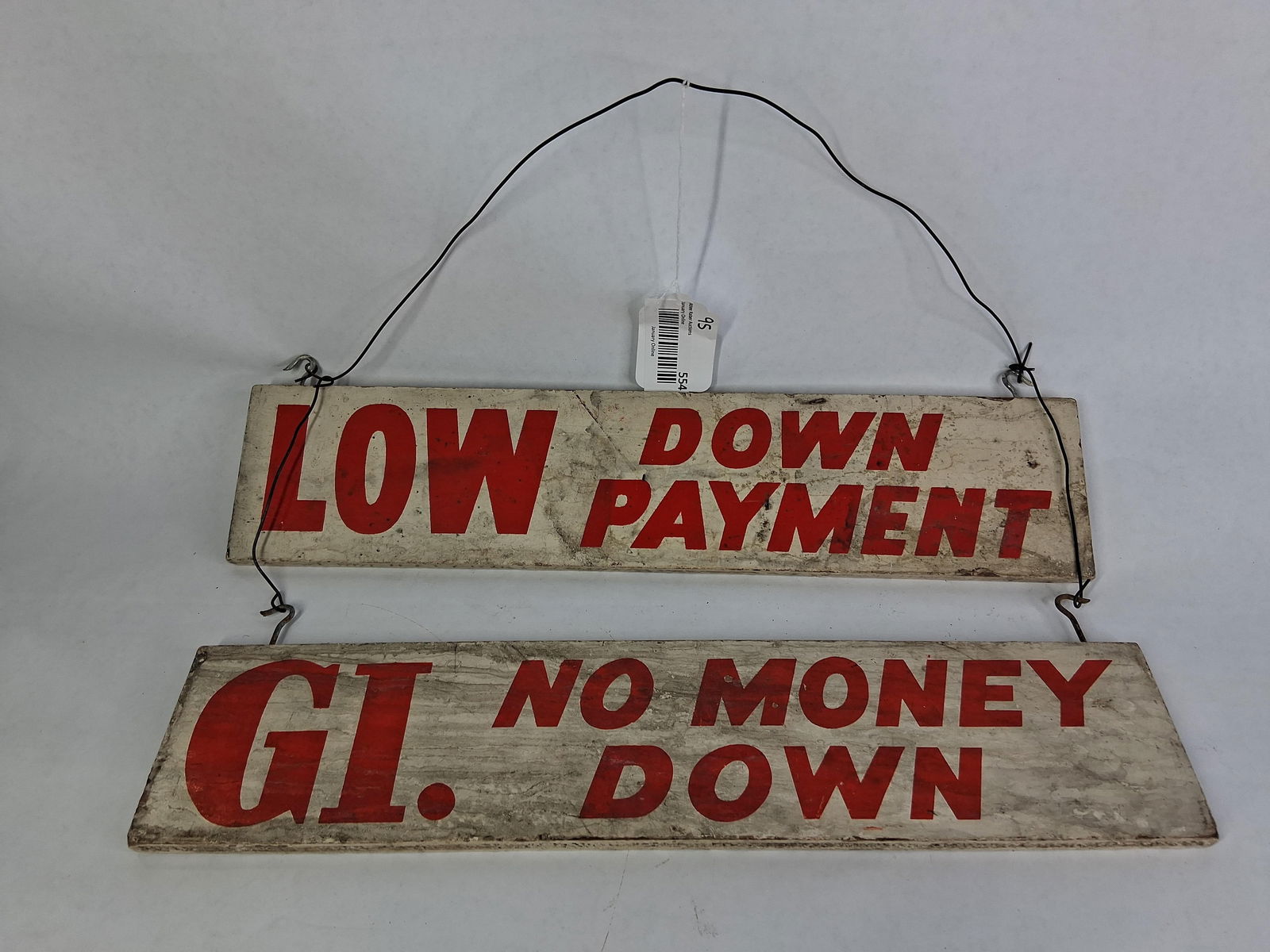DS Wood GI. Low Down Payment / No Money Down Double Hanging Sign: Showing soiling as well as discoloration due to age and weather? each sign is 4 x 18
