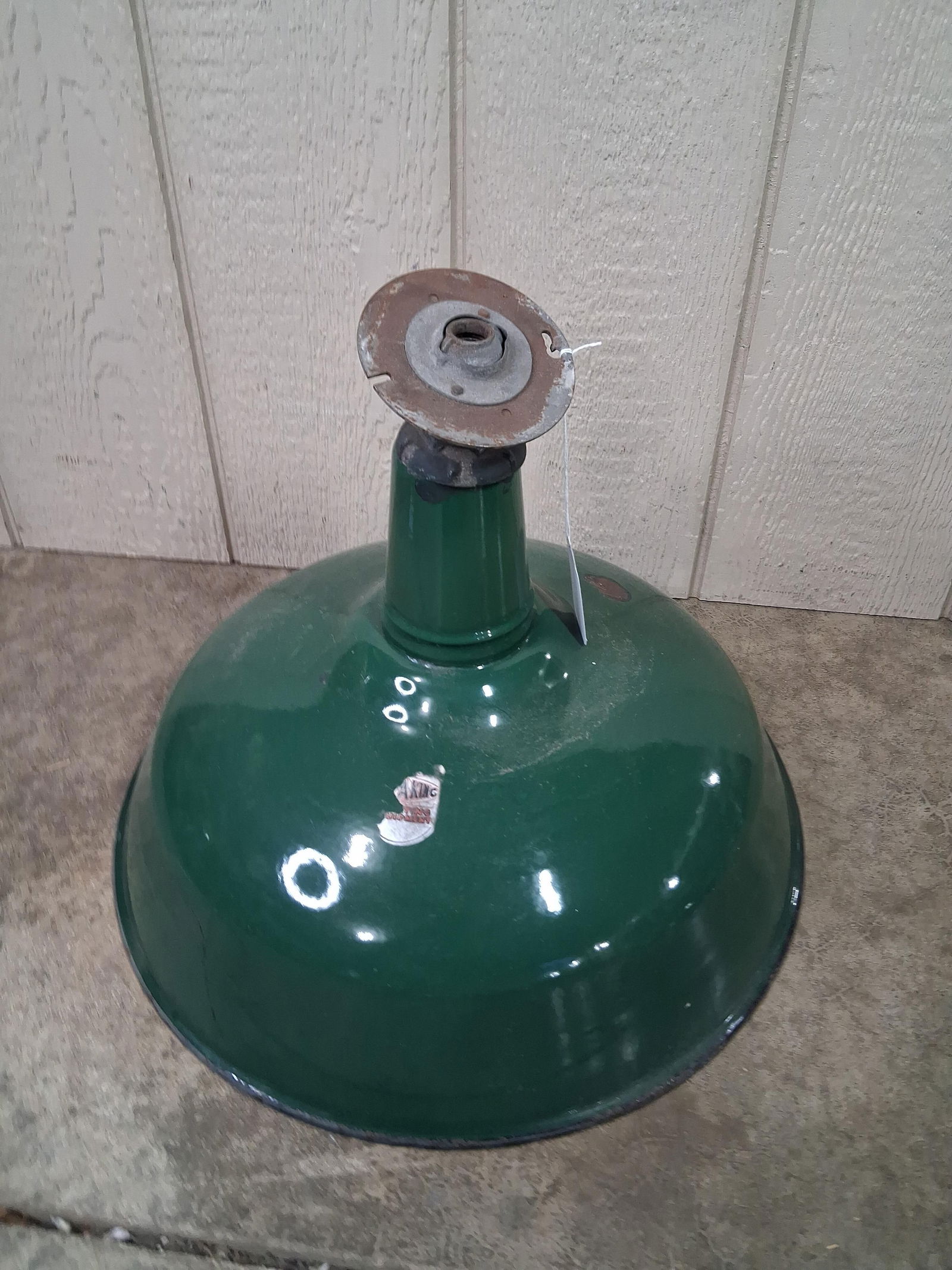 Green Enamel Gas Station Shade: Several hits to interior with on to outter top. 18 inches in diameter