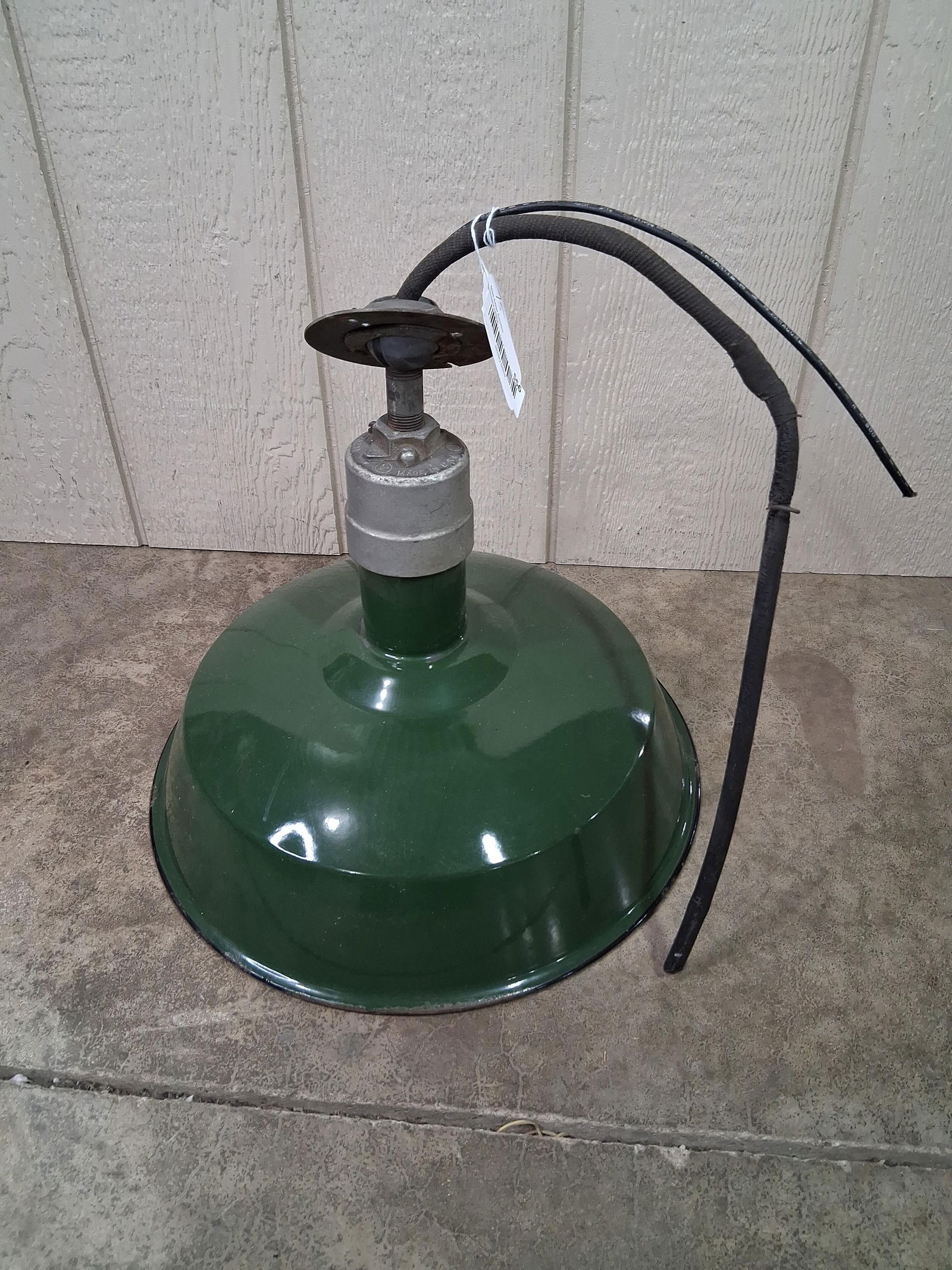 Green Enamel Gas Station Shade: Wired and ready to to go, two small chips from underside. 15 inches in diameter 