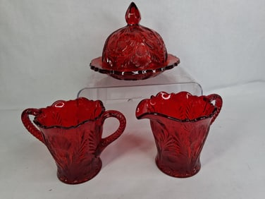 Mosser Glass Ruby Red Covered Butter Dish w/ Creamer and Sugar