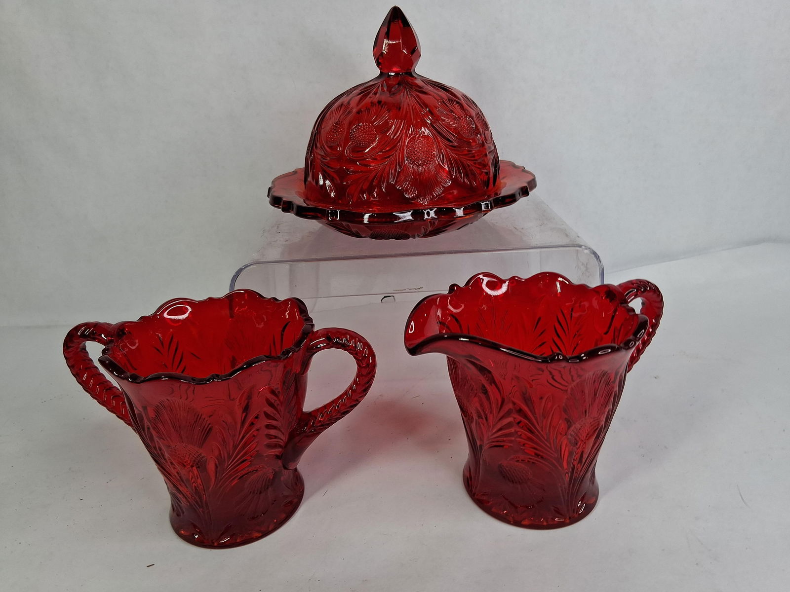 Mosser Glass Ruby Red Covered Butter Dish w/ Creamer and Sugar: Great overall condition with no chips, cracks or breaks 