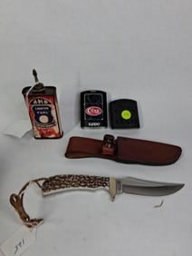 Case XX Zippo Lighter, AMR Lighter Fluid Tin & Schrade Fixed Blade Knife w/ Leather Sheath