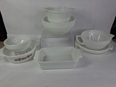 Mid Century Fire King Milk Glass Kitchen Ware Inc. Mixing Bowls, Pie Plates, Casserole, Measure Etc
