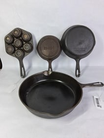 Griswold Small Block Logo No. 9, Lodge, Unmarked and Egg Poaching Cast Iron Skillet Lot of 4