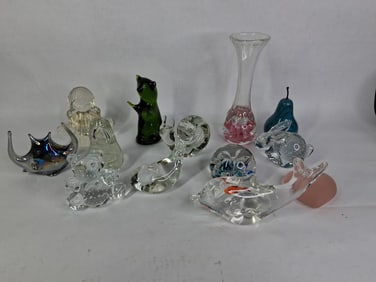 Art Glass Paper Weight Lot of Various Animals, Vase, Heart, Girl and Marble Pear