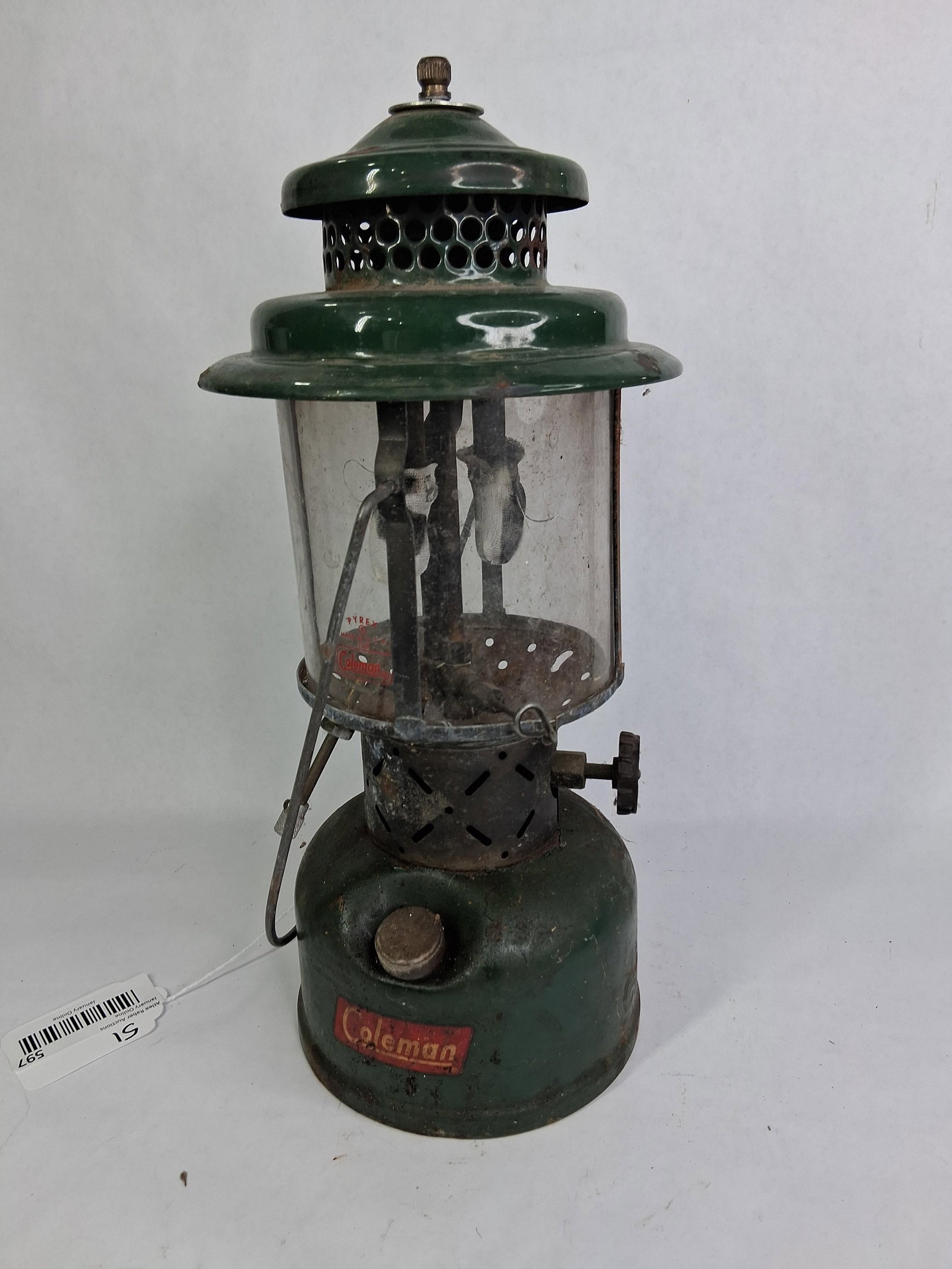 Coleman Lantern w/ Original Pyrex Glass Globe: Showing soiling as well as paint loss due to age and usage? 15 in. H?