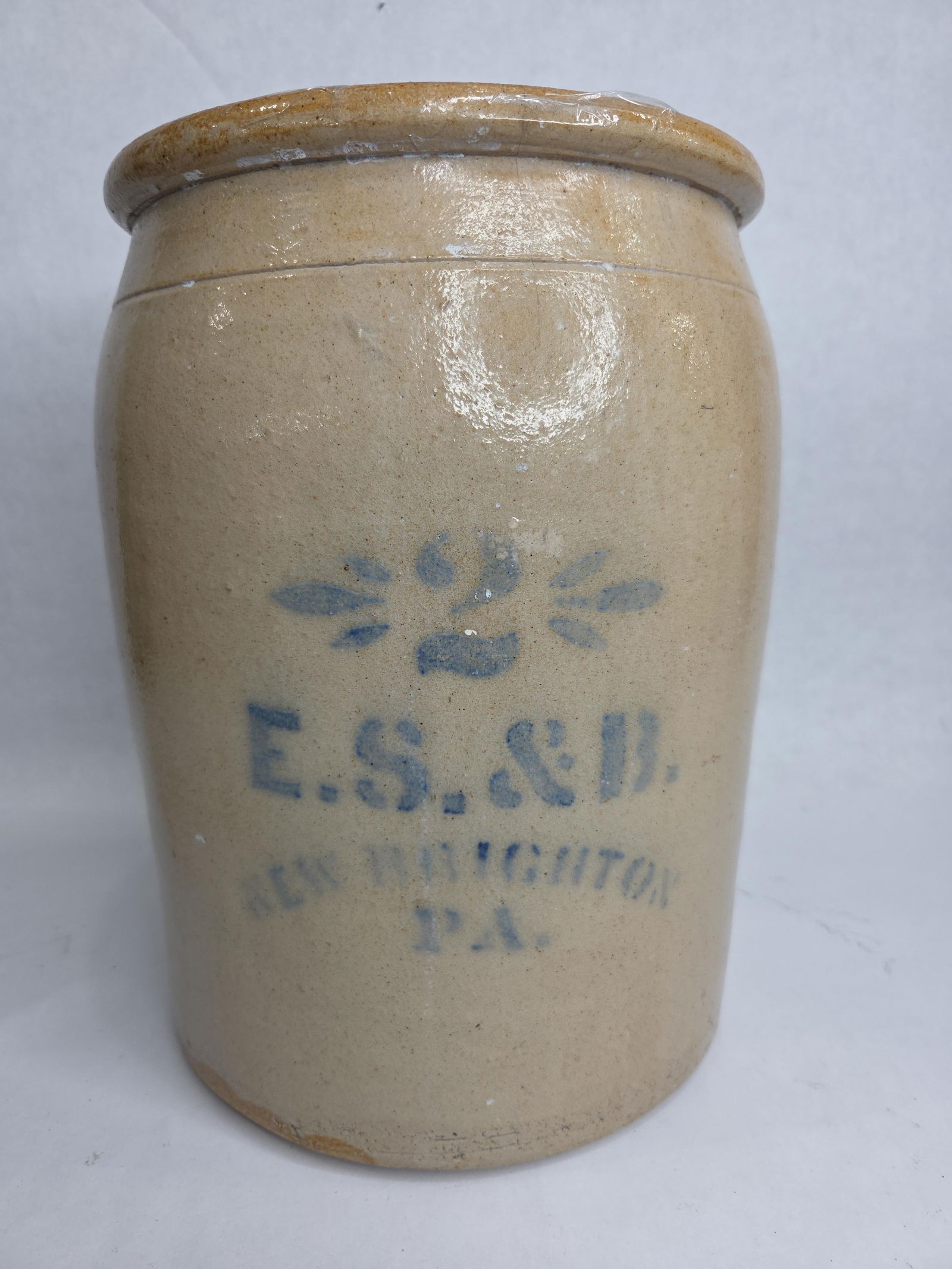 E.S. & B. New Brighton PA Salt Glazed 2 Gallon Stoneware Crock: showing 1 very minor hairline to front maybe 2 in.? great cobalt blue graphics?