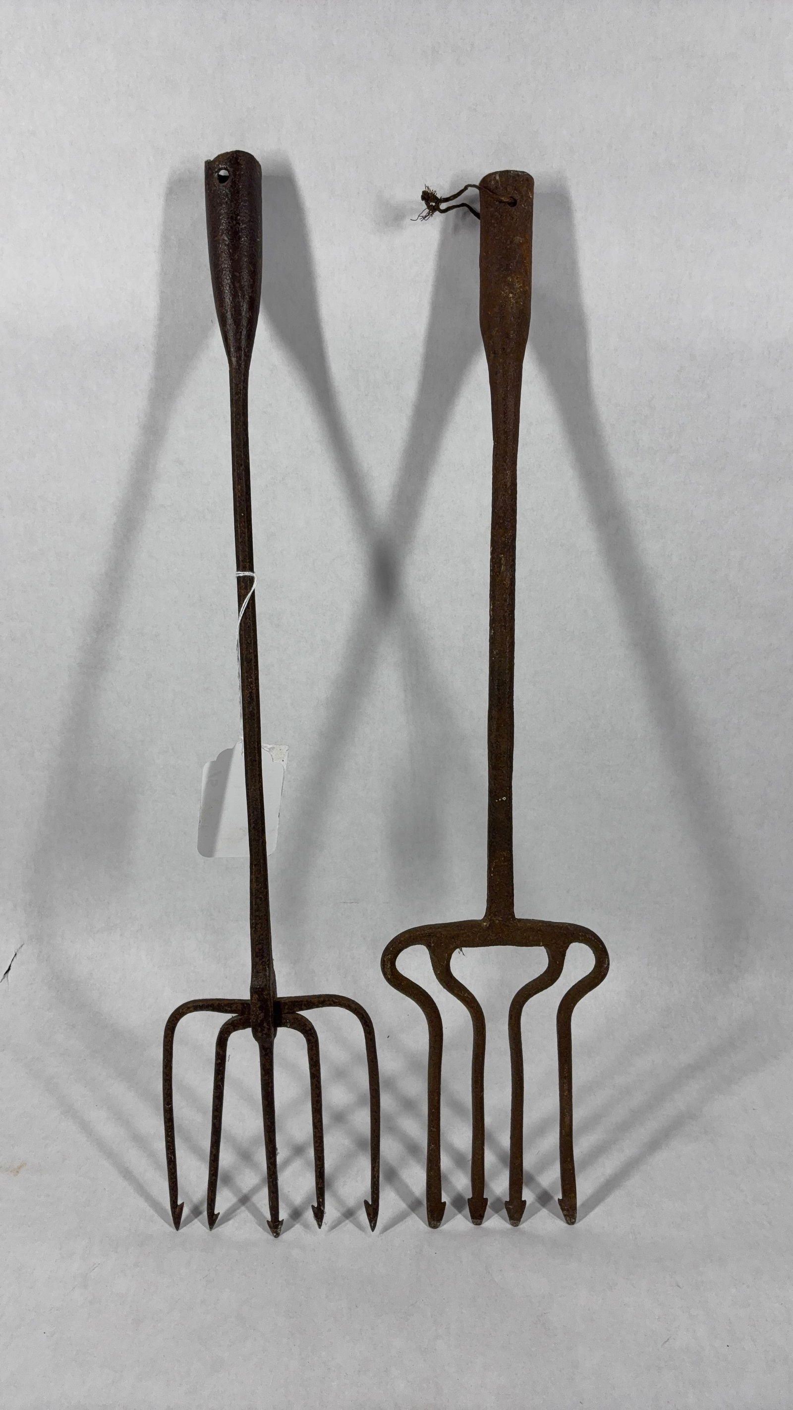 Early 19th C. Hand Forged Iron Gigs / Tridents: Lot of 2 with one being 4 tine and the other being 5 and both being 9 to 9.5 in. L