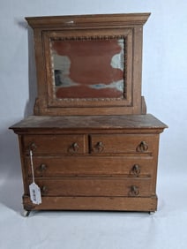 Early Childs / Salesman Sample 4 Drawer Mirrored Dressing Table Chest w/ Porcelain Enamel Casters