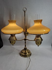 Antique Brass Double Arm Student Desk Lamp w/ Butterscotch Vianne Glass Shades