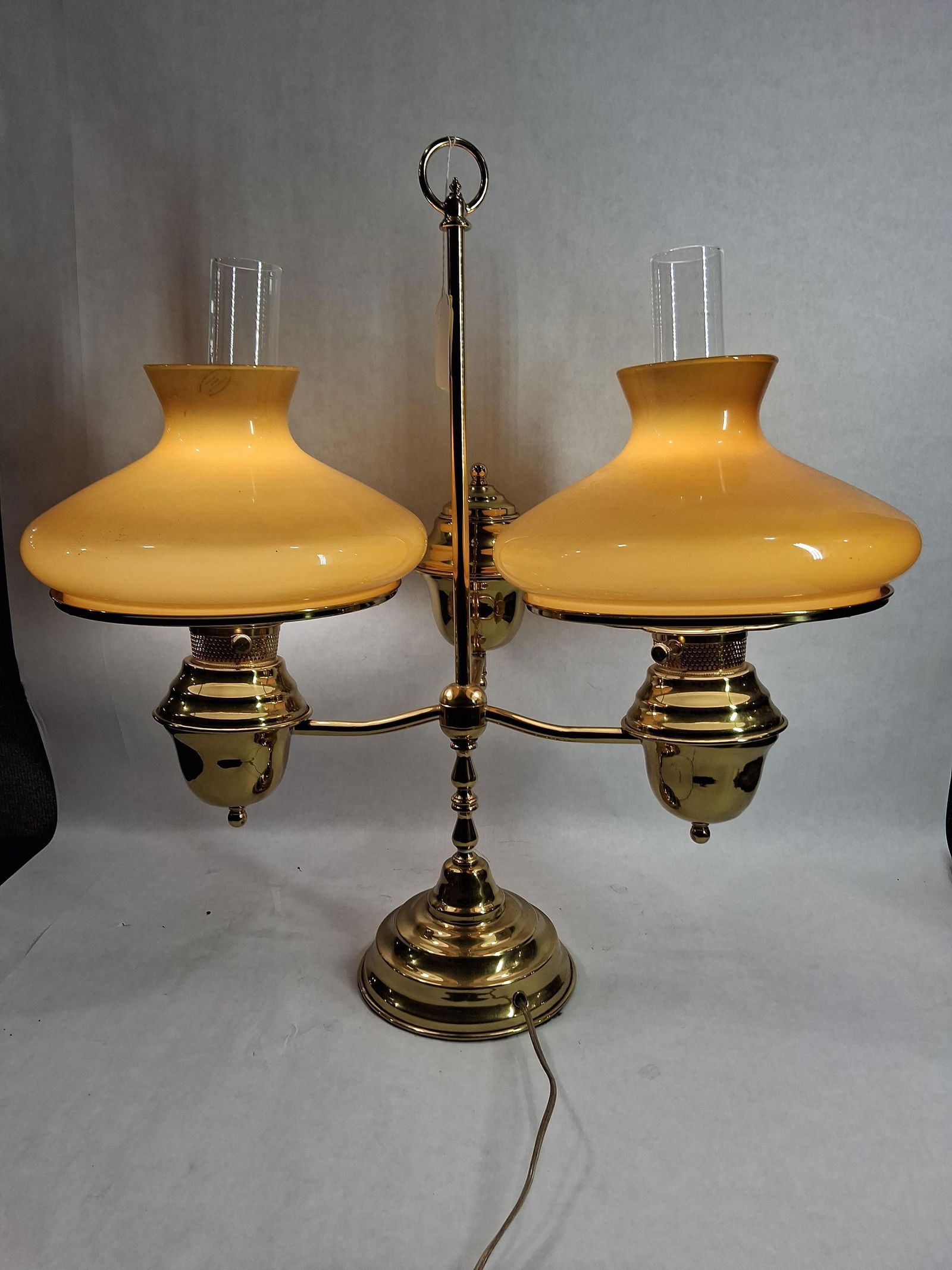 Antique Brass Double Arm Student Desk Lamp w/ Butterscotch Vianne Glass Shades (1 of 6)