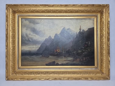 Original 1883 Dramatic Coastal Seascape of Norwegian Fjord and Stave Church O/C Oil on Canvas