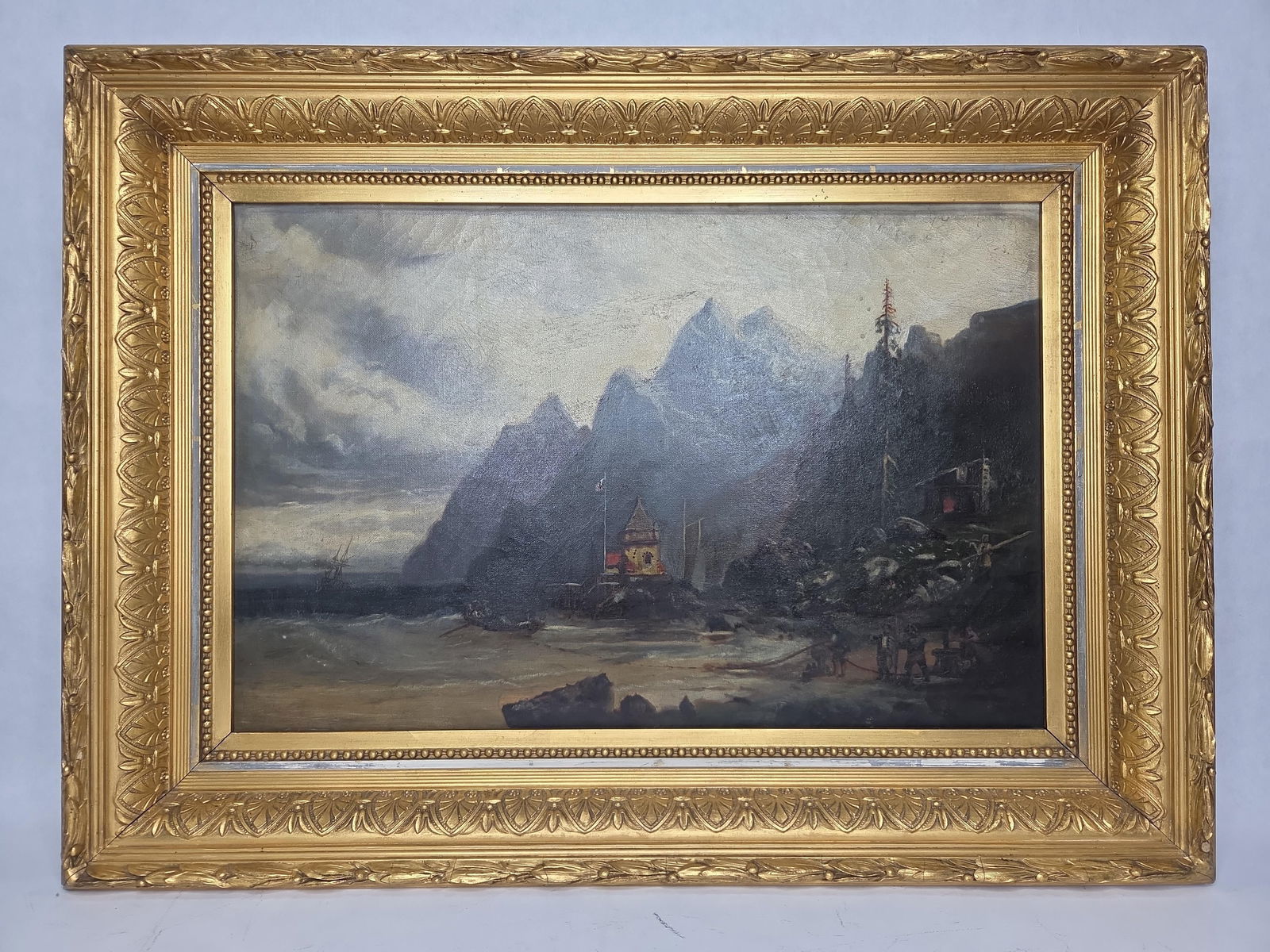 Original 1883 Dramatic Coastal Seascape of Norwegian Fjord and Stave Church O/C Oil on Canvas: Original certificate to reverse with date and signed? Great gold deep well framed early 19th c. oil painting showing cracking due to age 19 x 26