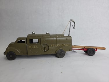 Hubley Bell Telephone Pressed Steel Toy Truck w/ Hook, Trailer and Poles