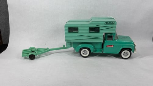 Buddy L Moline Pressed Steel Camper Truck w/ Matching Boat Trailer