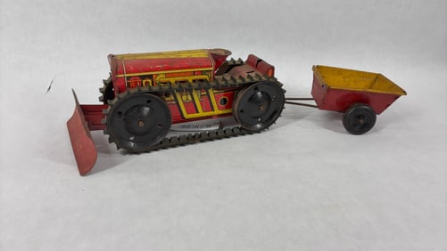 Marx Super Power Snap Caterpillar Wind Up Tin Litho Climbing Tractor and Wagon