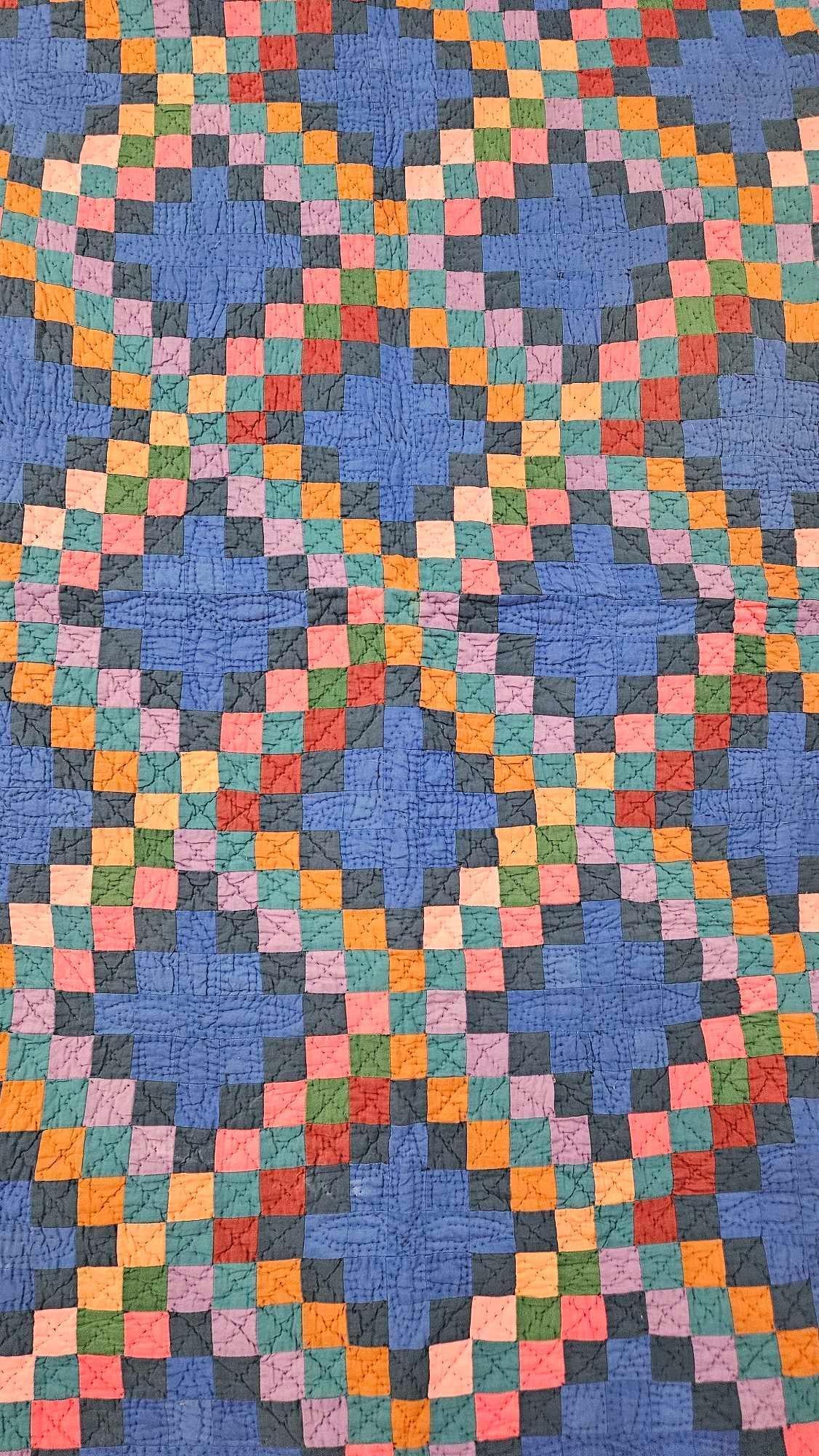 Amish Hand Stitched Triple Irish Chain Multi Colored Patchwork Quilt: overall good condition with minor areas of wear 88 x 96