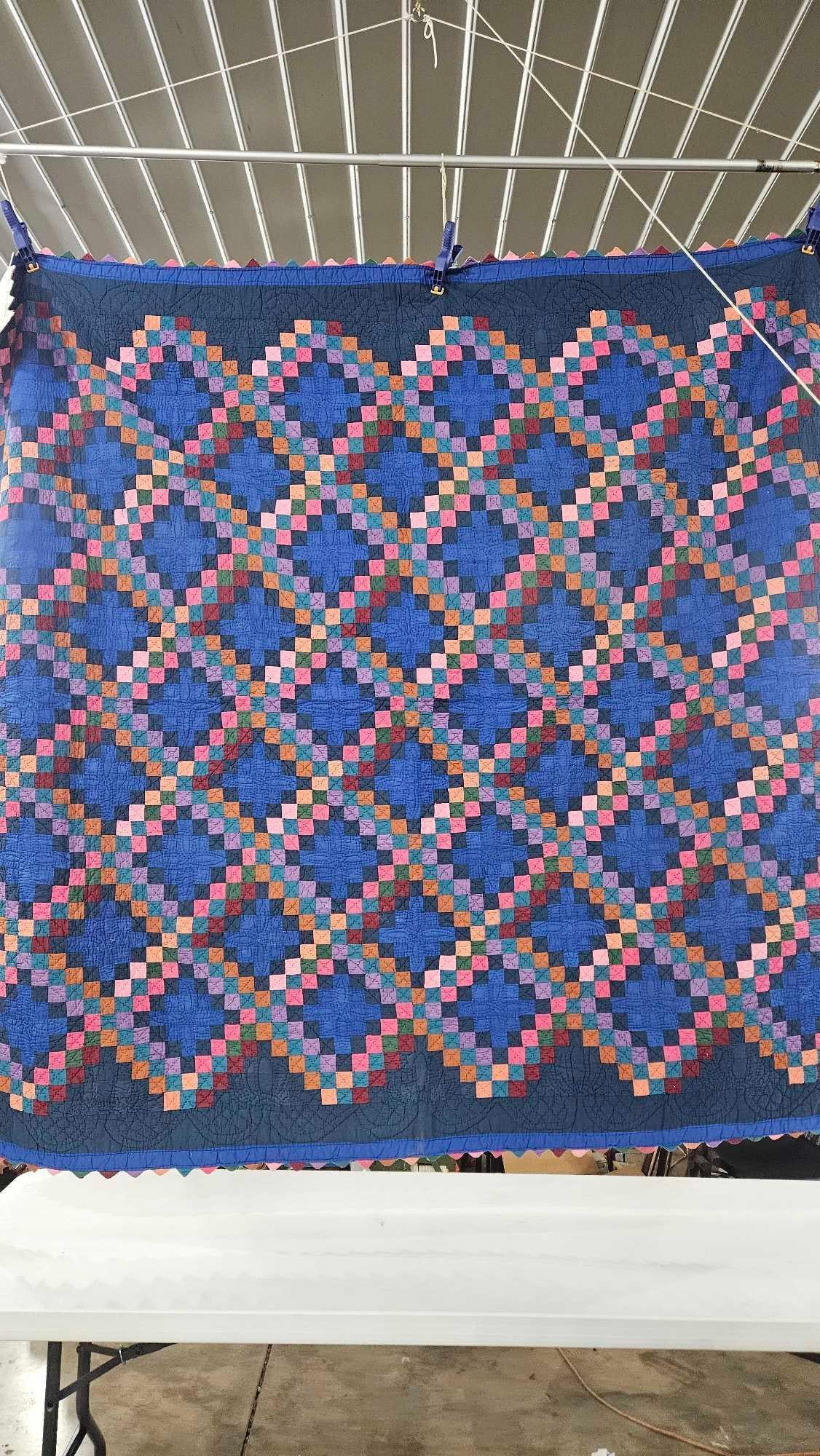 Amish Hand Stitched Triple Irish Chain Multi Colored Patchwork Quilt - 2