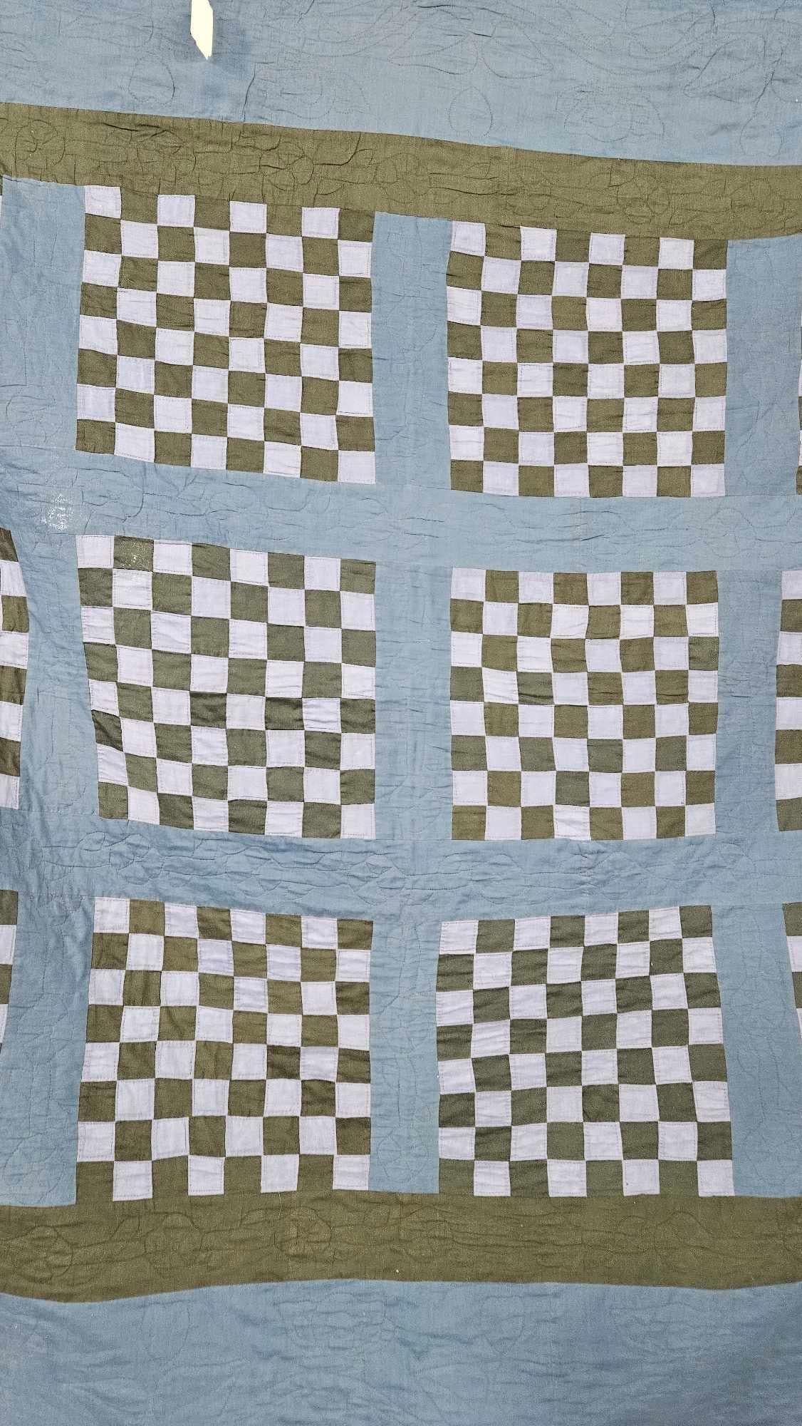 Amish Made Black and Blue Checkerboard Pattern Quilt: Showing thinning throughout due to age and usage? 80 x 100