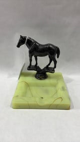 Art Deco Green Onyx Ashtray w/ Horse Statue Mount