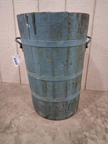1927 Blue Painted Wood Hydrox Co. Wood Staved Handled Barrel