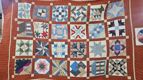 Hand Stitched Multi Square Patterned Flour Sack Quilt