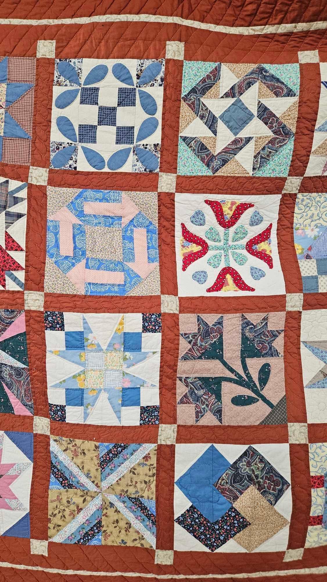 Hand Stitched Multi Square Patterned Flour Sack Quilt - 2