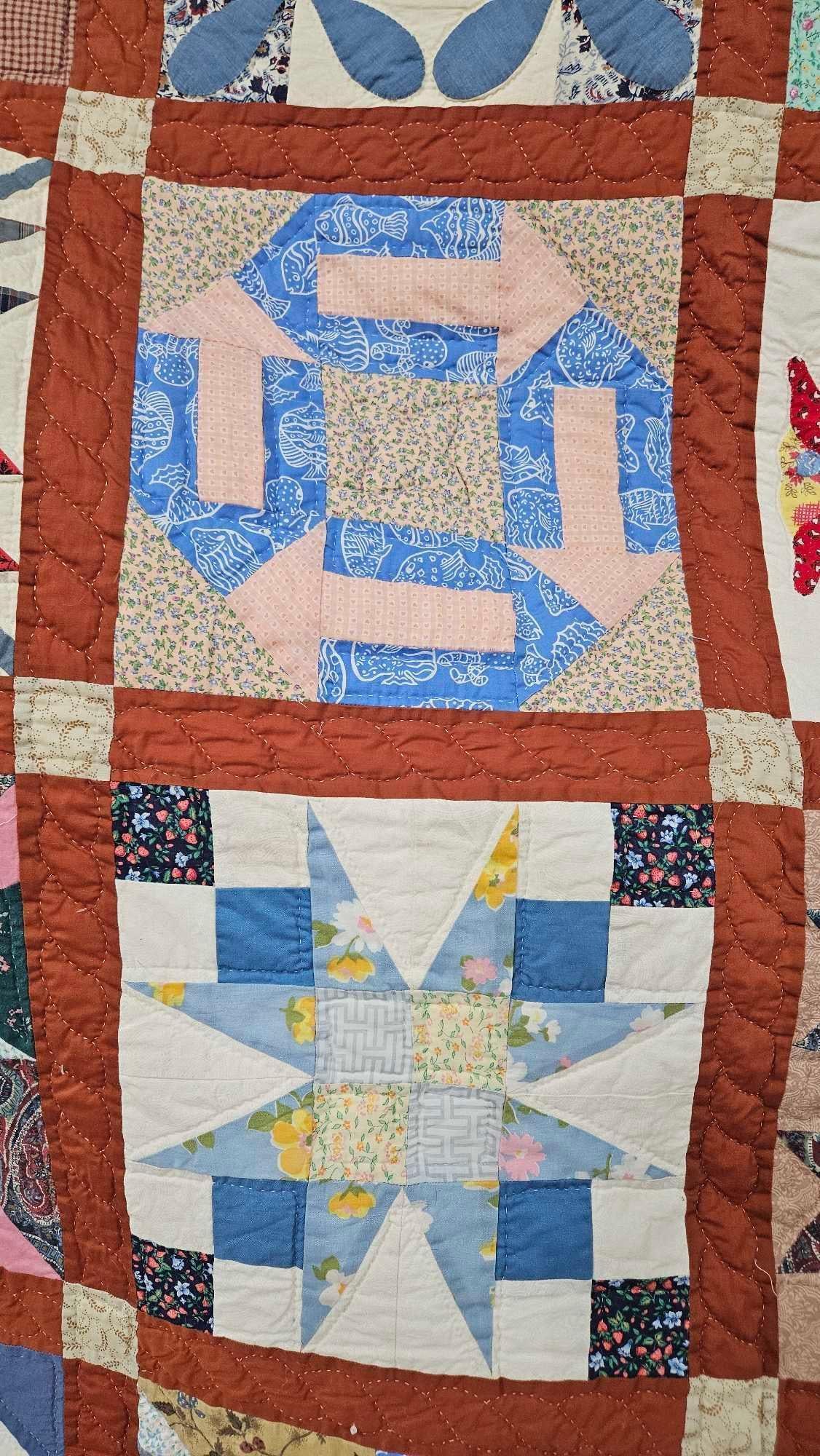 Hand Stitched Multi Square Patterned Flour Sack Quilt - 6