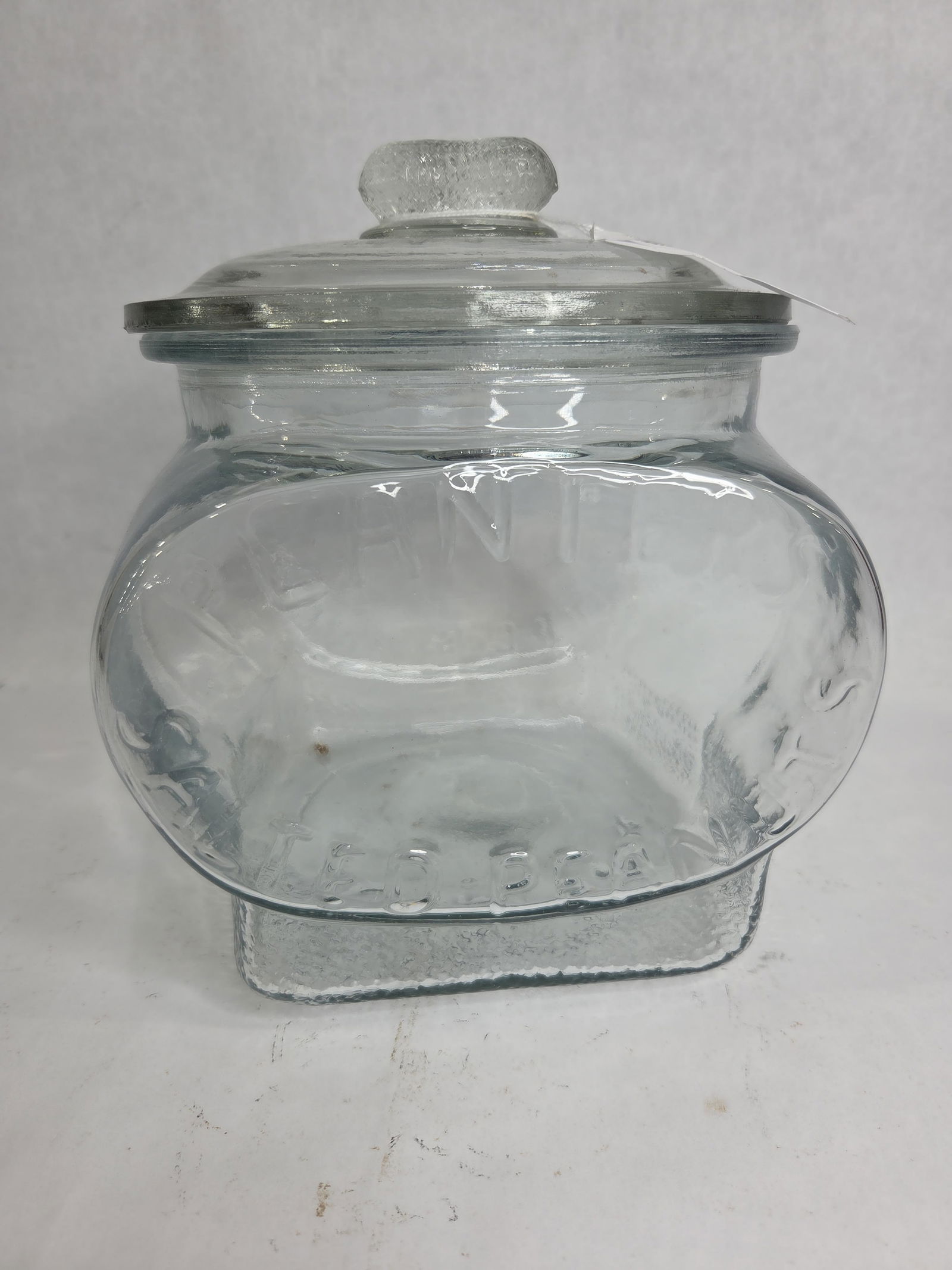 Early Planters Country Store Counter Top Glass Lidded Peanut Jar: Showing no chips, cracks or breaks stands 9 in. H