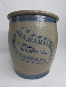 J.A.S. Hamilton PA Cobalt Blue Decorated 1 Gal. Stoneware Crock
