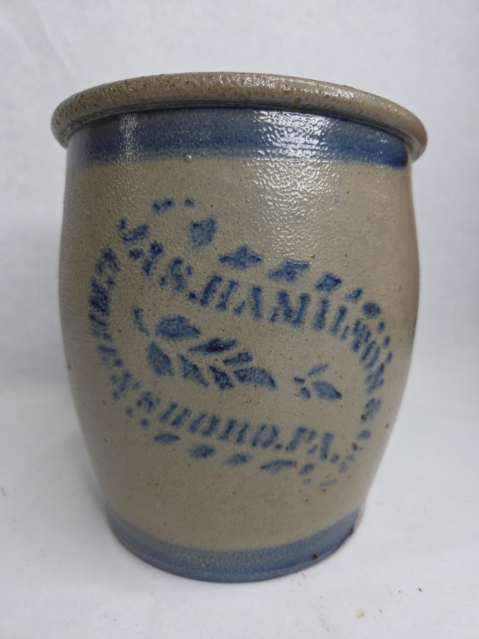 J.A.S. Hamilton PA Cobalt Blue Decorated 1 Gal. Stoneware Crock: Showing chip to the inner top rim