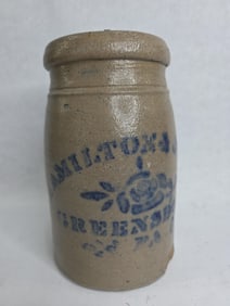 Hamilton & Jones Greensboro PA 1/2 Gal. Cobalt Blue Decorated Stoneware Canning Crock Jar