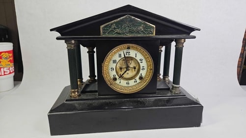 Early Ansonia Black Onyx / Slate Mantel Clock w/ Columns and Brass Accents & Mytholigical Battle Sce