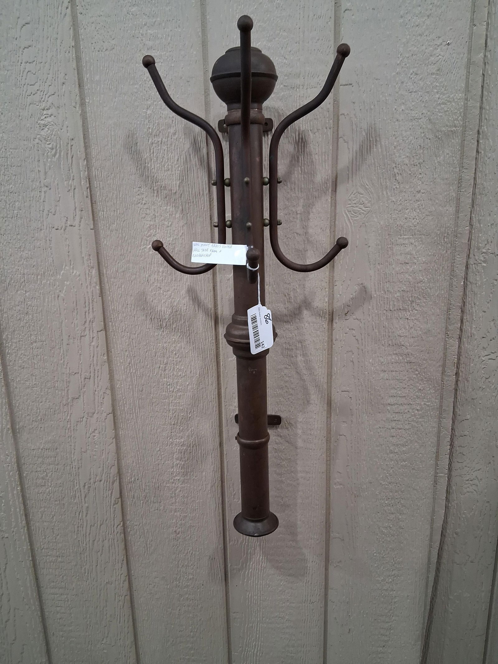 Wall Mount Brass Barbershop Hat Rack: Great little stand with 3 double hooks. 31 inches tall.
