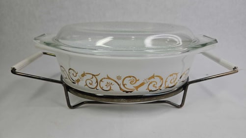 Pyrex EMpire Scroll Casserole Dish & Metal Holder