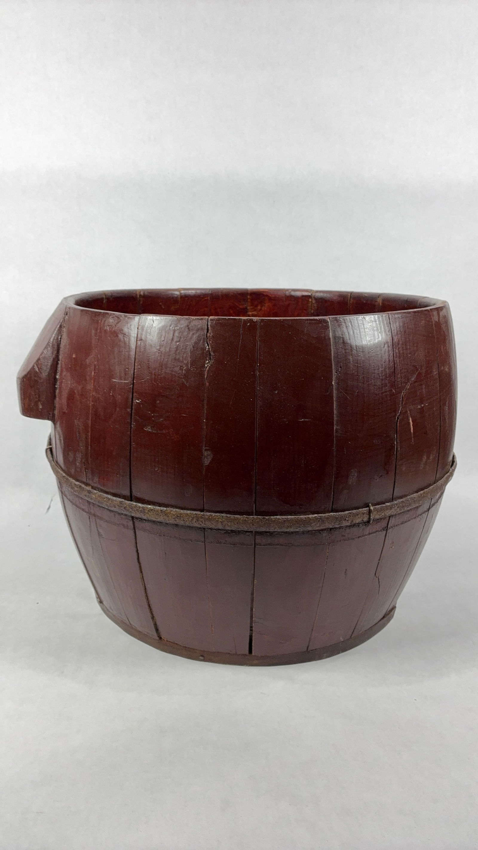 C. 1900 Chinese Peking Opera Drum Barrel: This squat melon like barrel is from the turn of the century used by theater troupe to accompany dances and songs of traditional Chinese Opera.? Finely jointed wood slats with iron band 12 x 15