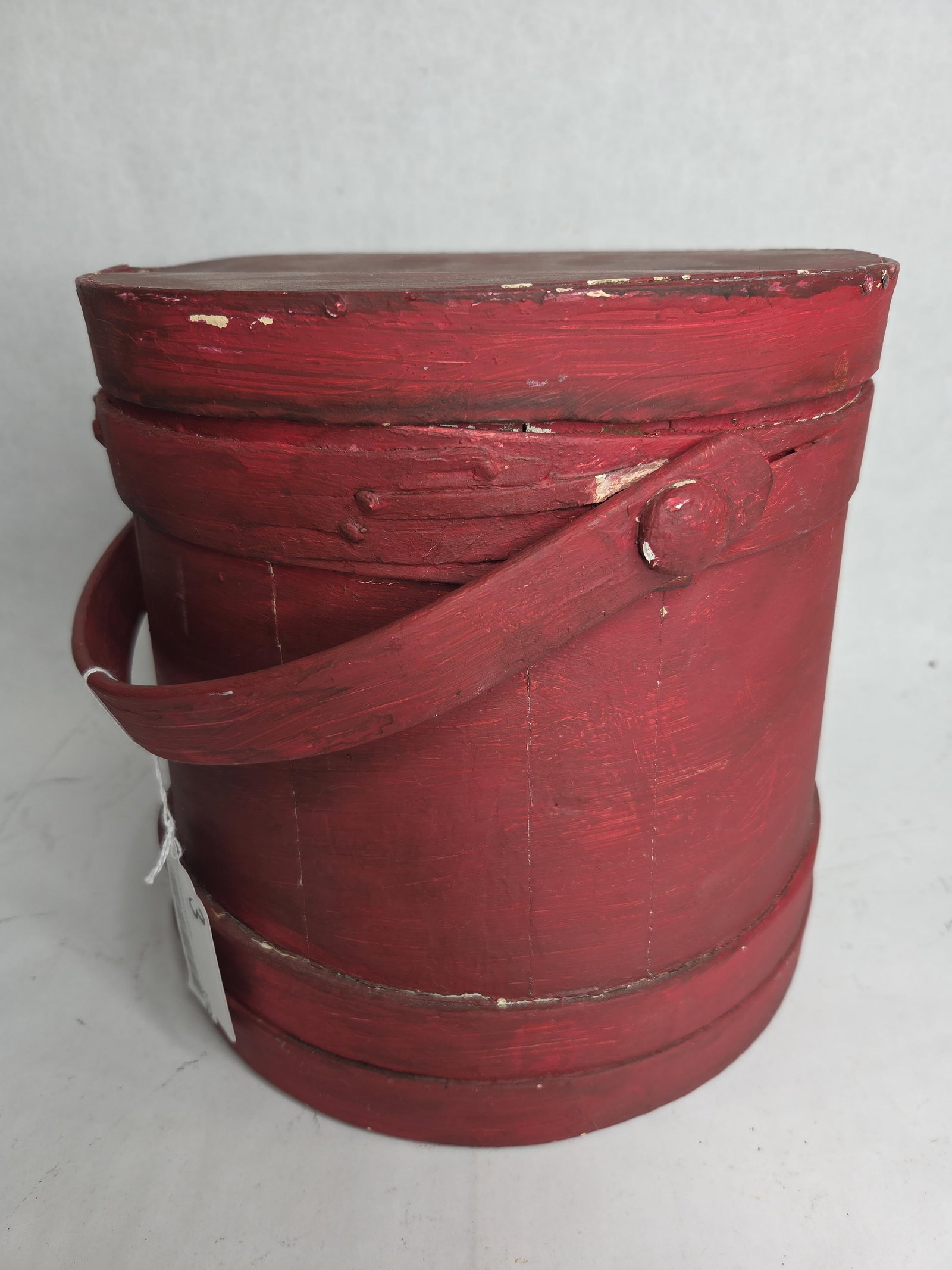 Primitive Red Painted Wood Staved Handled and Lidded Sugar/ Firkin Bucket (1 of 7)