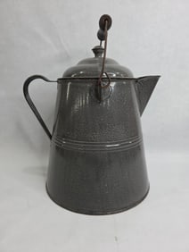 Early Gray Enamel Ware Lidded and Handled Coffee Kettle